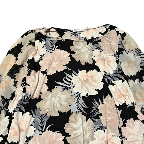 Calvin Klein Floral Blouse Semi Sheer 3/4 Sleeves Black and Cream Size 2X - Picture 5 of 6